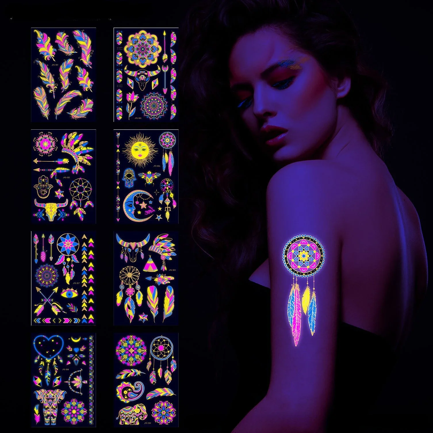 

Fluorescent Tattoo Sticker, Waterproof, Feather, Arm, Face