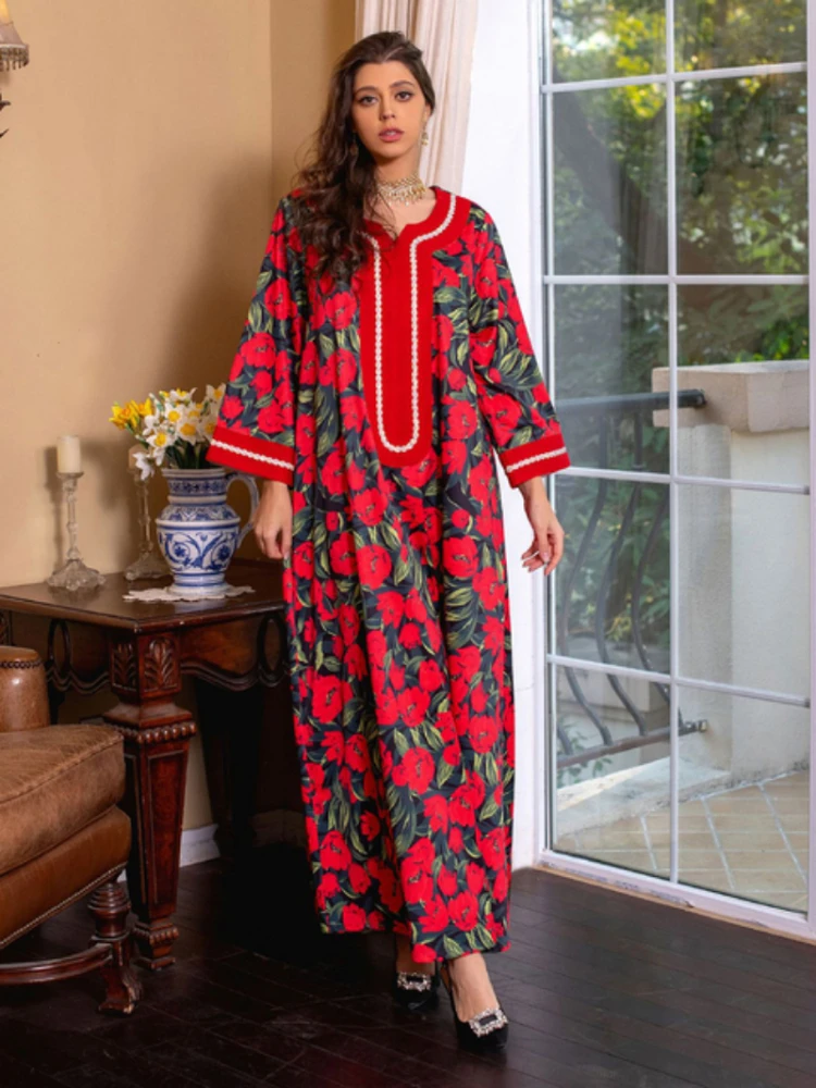 Abaya Dubai Turkey Muslim Hijab Dress Floral Printed Dress Luxury Diamonds V-neck Patchwork Long Sleeve Ramadan Clothes Spring