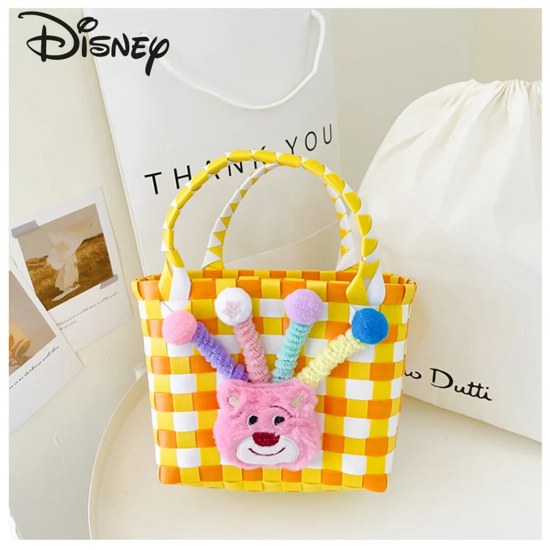 Disney 2023 Strawberry Bear New Woven Bag Fashion High Quality Children's Handbag Cartoon Casual Large Capacity Women's Handbag