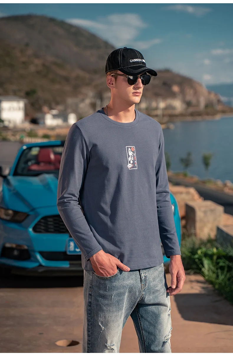 

2145 2022 New Cotton Cotton Vintage Retro State Tide Printing Long -sleeved T-shirt Male