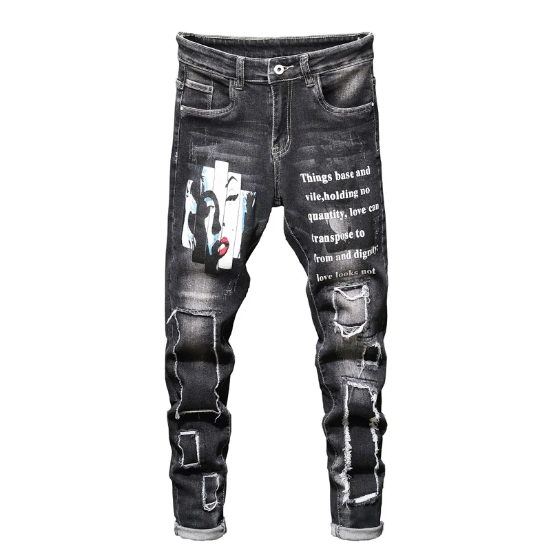 Men's High Quality Brand Casual Skinny Black Jeans Pants Hip Hop Goth  Street Wear Women's Print Punk Rock  Plus size