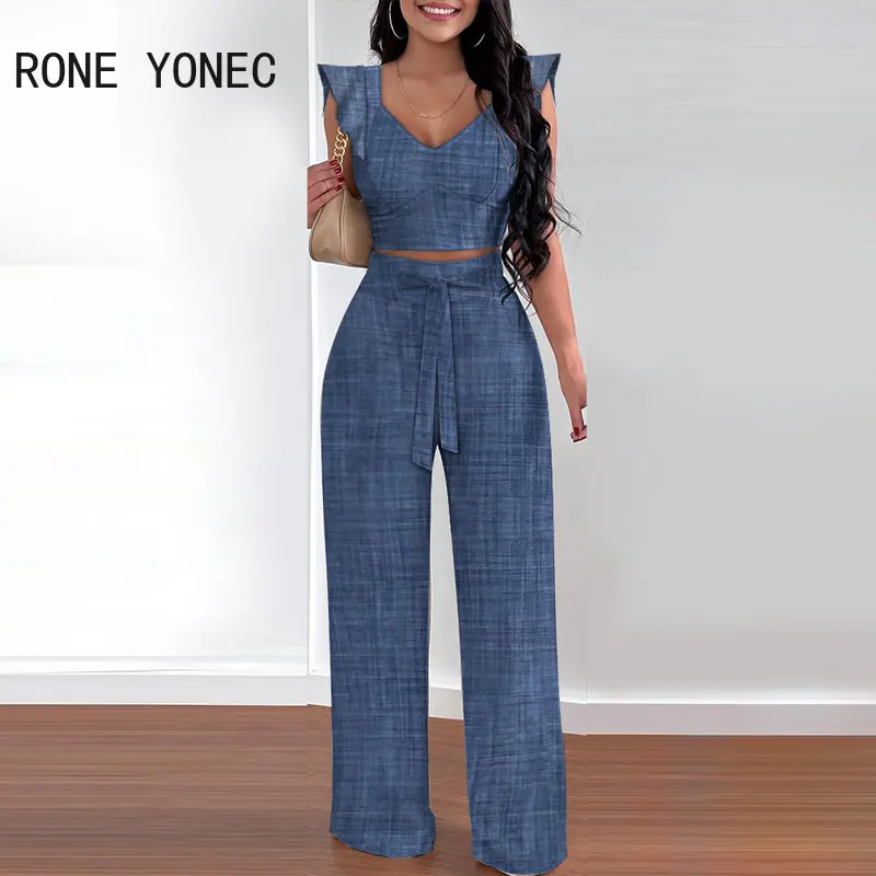Women Casual Flying Sleeves Pleated Lace Up High Elastic Waist Straight Leg Pants Sets