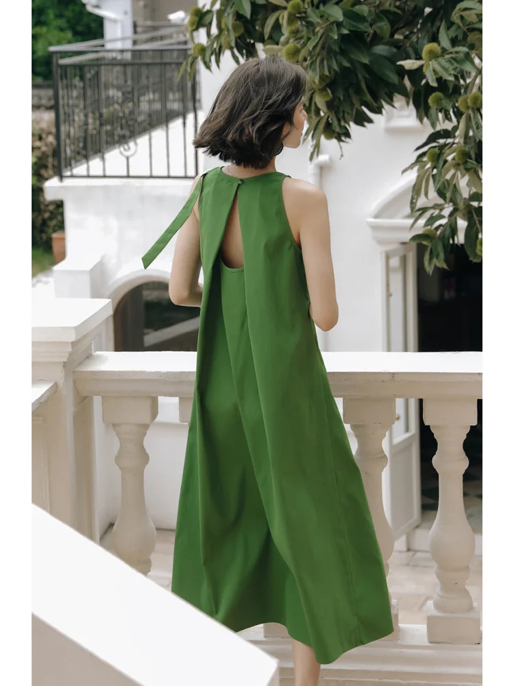 Green Strap Dress French Sleeveless Tank Top Dress Women's Dress Summer Beach Vacation Dress Long Dress