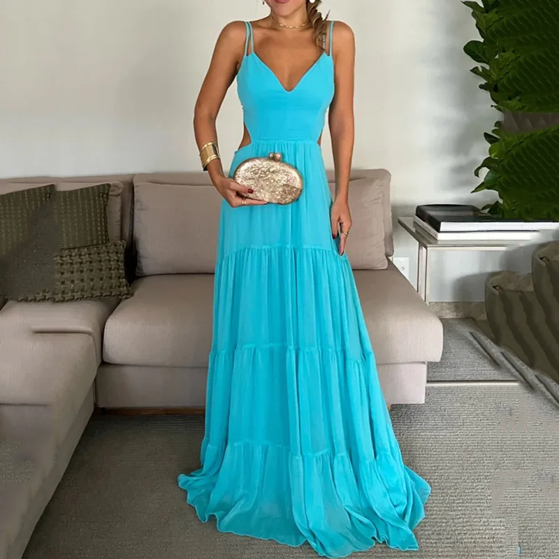 

Independent Station European and American Women's Wear 2023 Summer New Casual Elegant Strap Loose Solid Color Dress