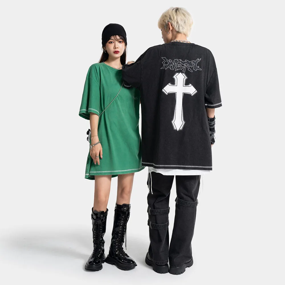 

Men Women Oversize Cross Print Short Sleeve T-shirt Male Hole Streetwear Hip Hop Loose T Shirt Summer Tops Tees Unisex Tshirts