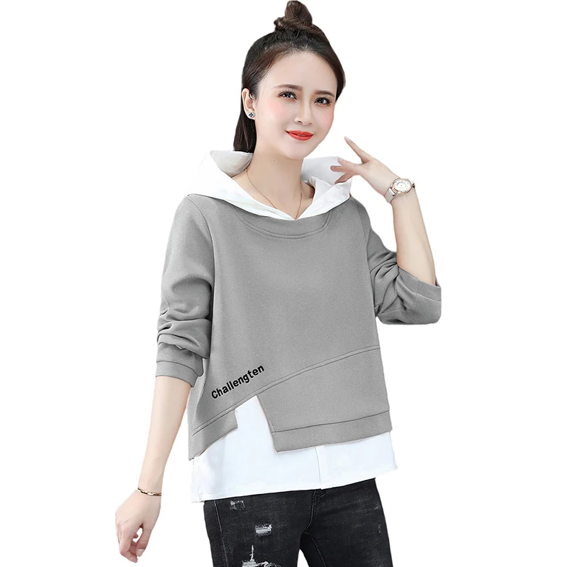 

Spring Autumn Thin Fake Two-Piece Sweatshirt Hooded Casual Sweatshirt Korean Style All-Match Patchwork Chic Lace Women Pullovers