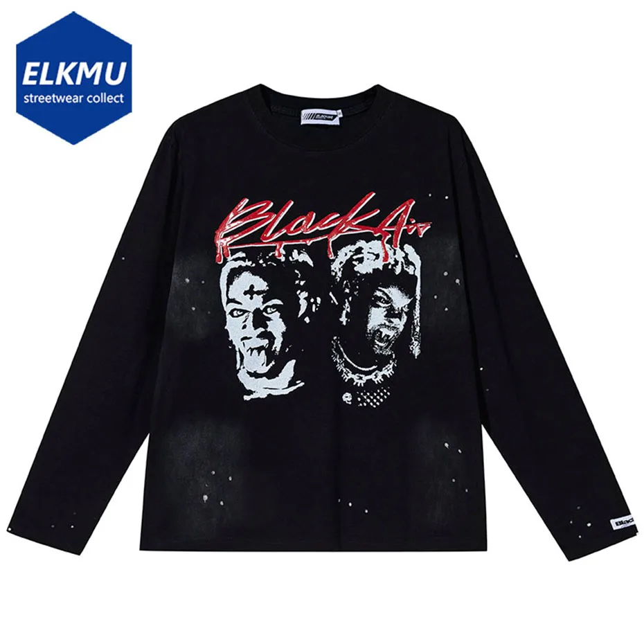 

Men's Streetwear T-shirts Graphic Printed Harajuku Oversized Hip Hop T Shirt 2023 Autumn Black Loose Long Sleeve Tee Shirt Y2K