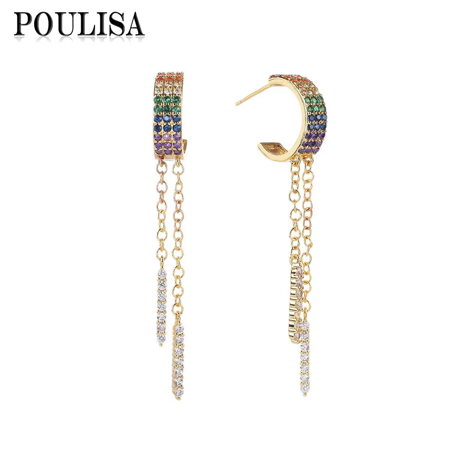 

Poulisa Rainbow Color Cubic Zirconia Dangle Earrings for Women Bohemia Style Tassel Long Chain Drop Earrings Fashion Jewelry