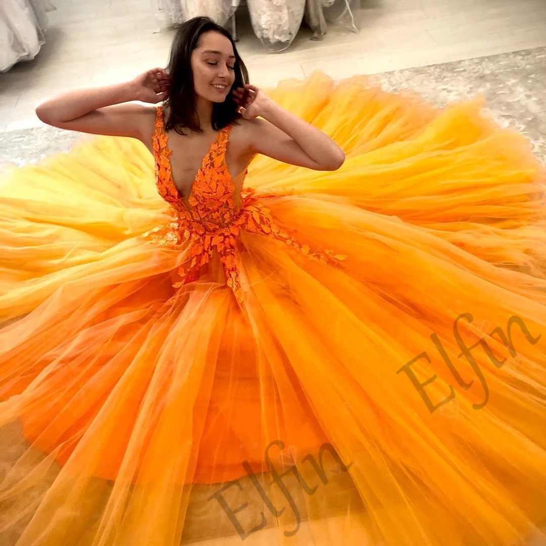 

Elfin Real Orange Evening Dresses Charming Leaves Appliques Beads Robe de soiree Sleeveless Deep V Neck Open Back Prom Gown