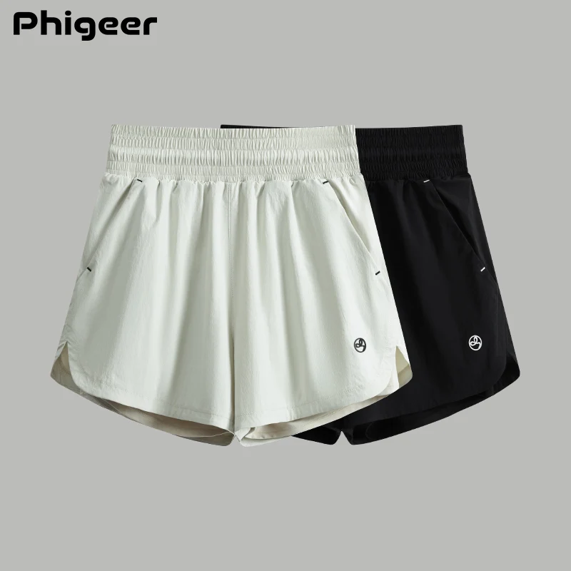 Фото PHIGEER Женские летние спортивные шорты 2-в-1 для фитнеса, быстросохнущие, свободного кроя, с защитой от бликов, с карманами, новые, для спортзала №1