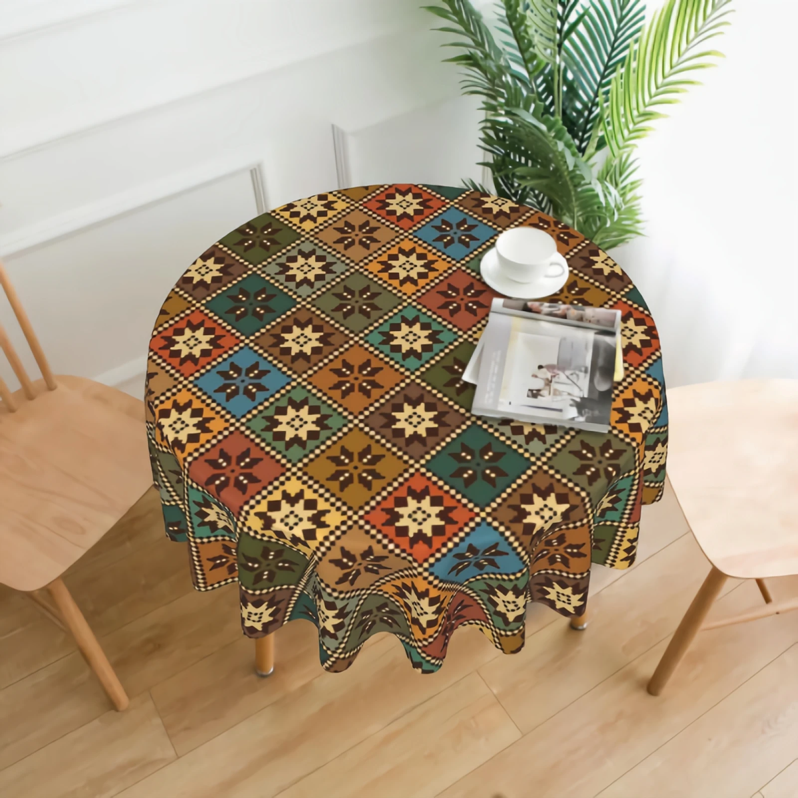 

Colorful Ethnic Pattern Round Table Cloth - Waterproof, Resistant Wrinkle And Washable Table Cover 150 CM Diameter