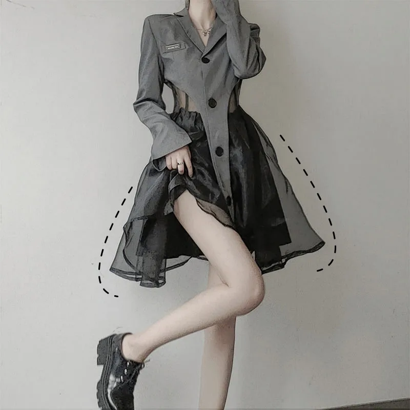 

WDMSNA French Mesh Suspender Dress Suit Spring Hepburn Style Long Sleeve Jacket Lapel Crop Coat Two Piece Sets Womens Outifits