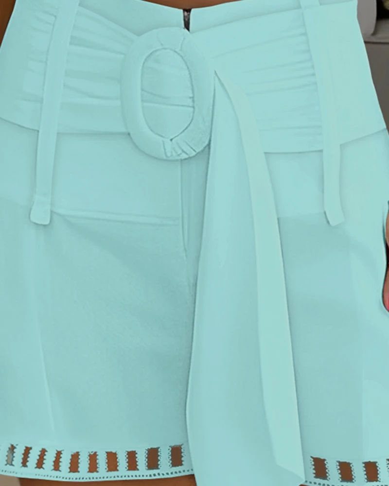 Ninimour Women High Waist Belted Pocket Design Shorts 2023 Casual Solid Color Hollow Out Lace Up One Piece Suit Female Clothes