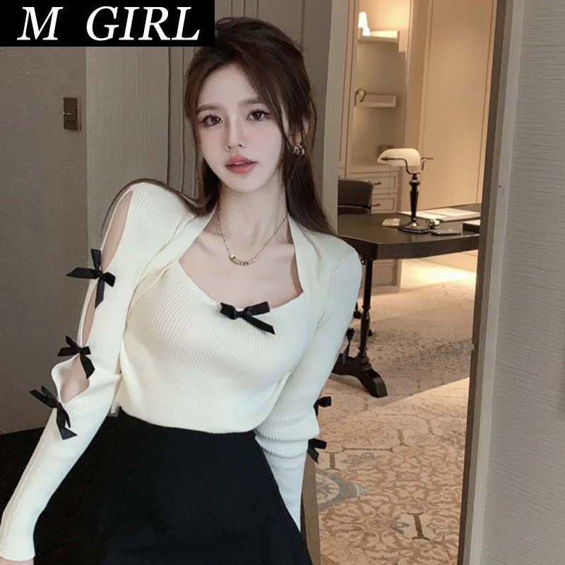M GIRLS Knitted Sweater Women Bow Hollow Out Patchwork Square Collar Chic Korean Fashion Inside Crop Tops Stretch Sexy Pullover