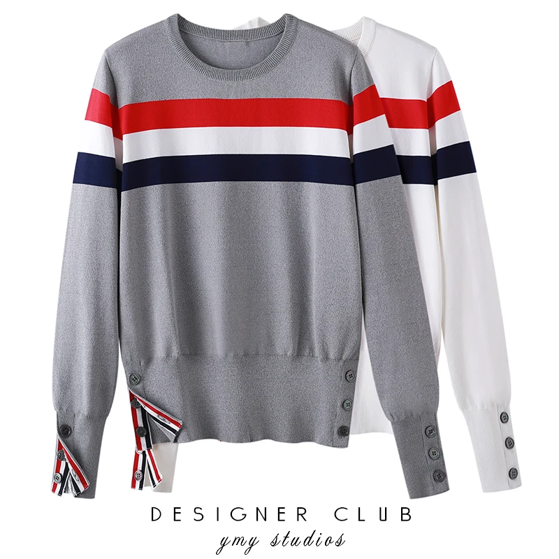 

tb knitted bottoming shirt spring and autumn ice silk sweater long-sleeved age-reducing stripe hit color top women's tide