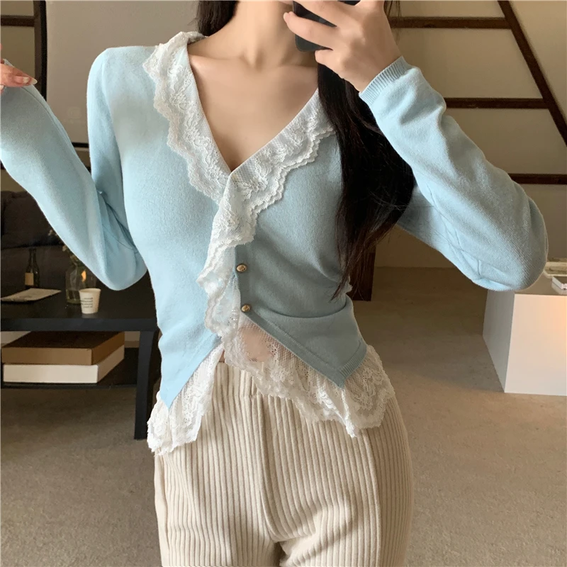 

Knitted Cardigan Women V-neck Single Breasted Lace Trim Slim Sweater