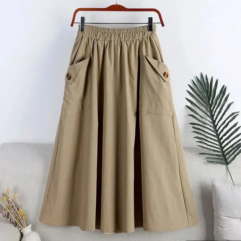 Safari Style Skirt Women Fashion New Loose Vintage Pocket Button Casual Basics Elastic Waist A-line Expansion Skirt