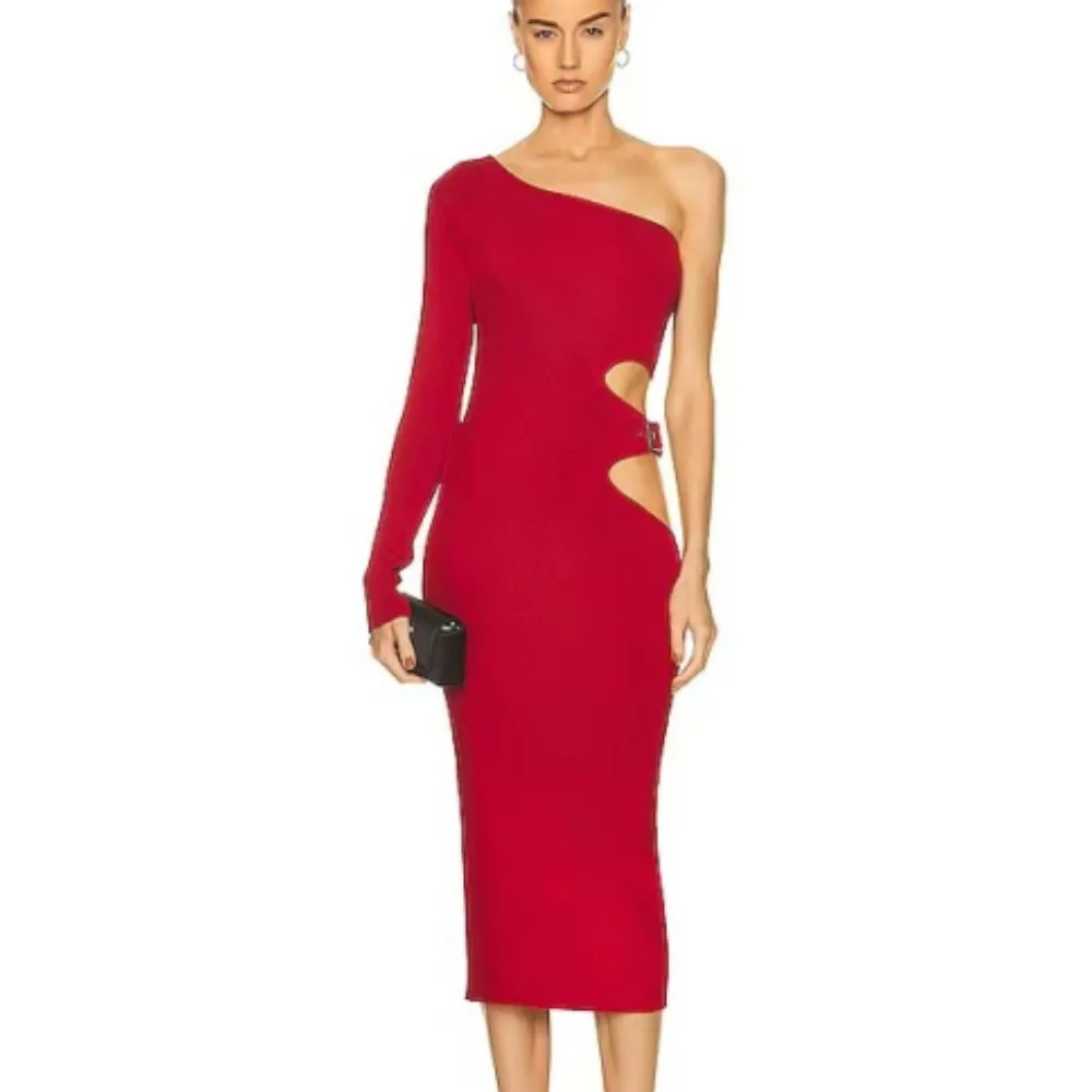 

Red New Style Oblique Shoulder Fashion Bodycon Badage Dress Rayon Elegant Hollow Out Long Style Celebrity Party Dress