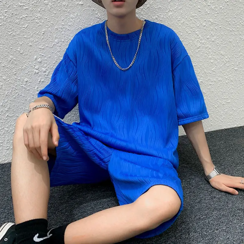 M-5XL Loose Ice Silk Casual Sports Suit Men's Summer Short-sleeved Shorts Straight Pleated Sports Pants Speed Dry 2 Piece Sets