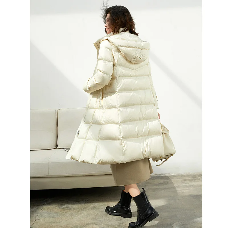 White Duck Down Medium Length Women Down Jacket 25D High-density Drill Proof Hooded Winter Jacket