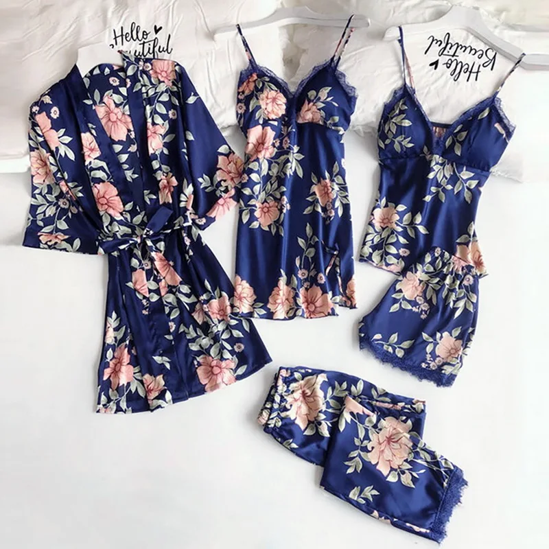 

3/4/5pcs V-Neck Nightwear Pajamas Set Bride Wedding Nightwear Womens Lace Floral Print Sleepwear Sleep Suit Spring Satin Pijamas