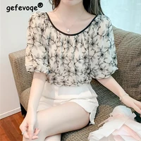 puff sleeve floral blouse women 2022 summer fashion korean young style round neck loose shirt sweet casual female y2k streetwear