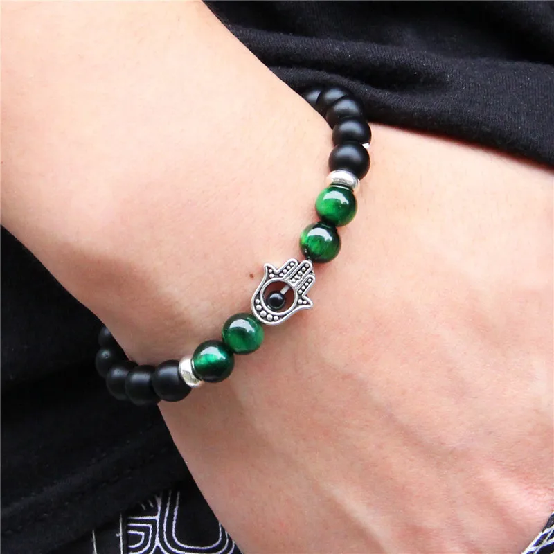 

Multicolor Tiger Eye Beads Bracelet Men Natural Stone Bracelet Hand Of Fatima Pendant Bracelets Men Women Prayer Energy Jewelry