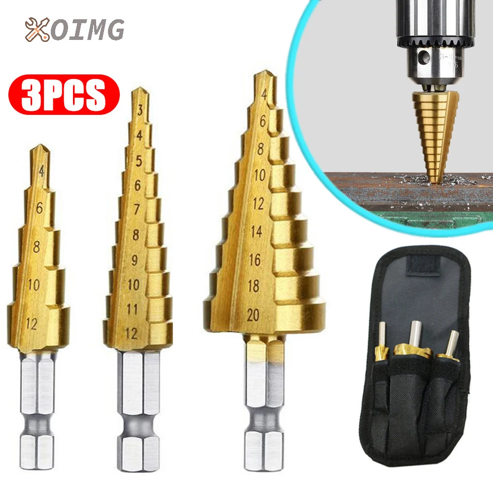 

3Pcs/Set HSS Straight Groove Step Drill Bit Titanium Coated Wood Metal Hole Cutter Core Drilling Tools Set 3-12mm 4-12mm 4-20mm