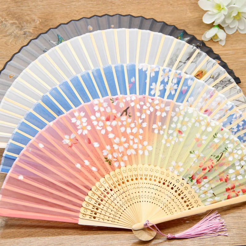 

Chinese Classical Folding Fans with Tassels Floral Decoration Fans Bamboo Rib Fans Gift for Children Party Favors