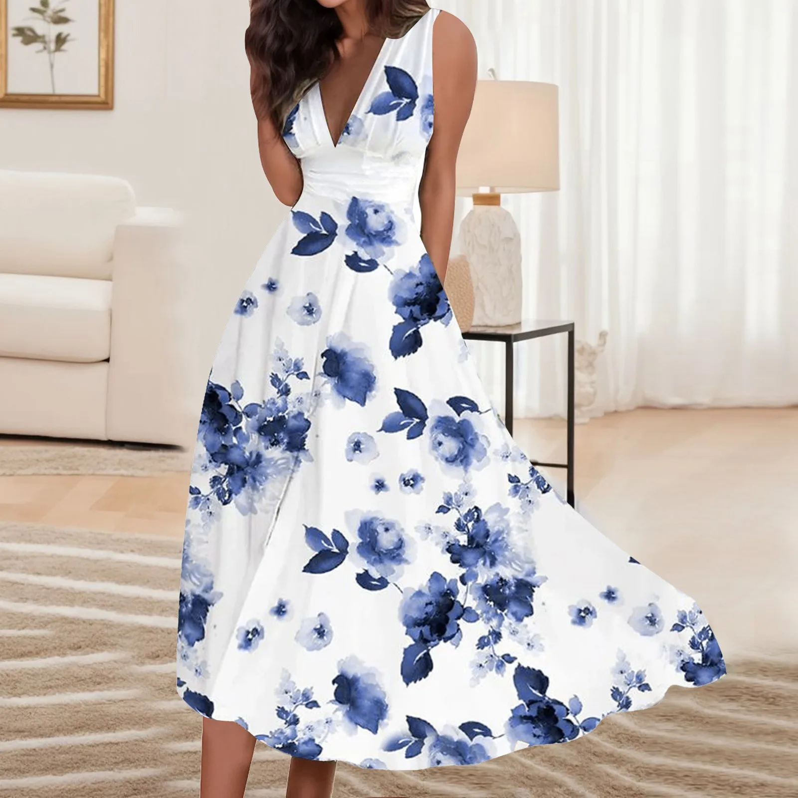 

Womens Casual And Comfortable V Neck High Waisted Sleeveless Loose Cocktail Evening Formal Dress floral dress Office Ladies