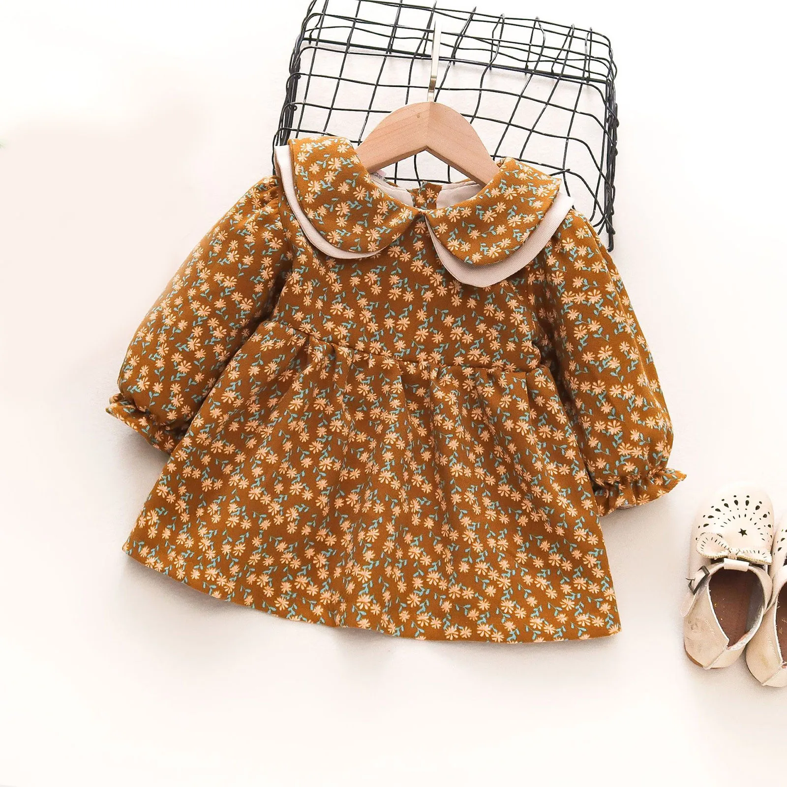 

1-4 Years Kids Toddler Infant Baby Girls Dresses Spring Autumn Long Ruffled Sleeve Patchwork Floral Princess Dress Party Outfits