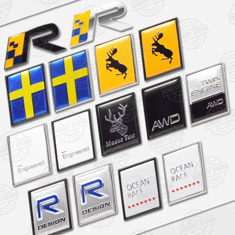 Фото Металлическая наклейка на автомобиль для OCEAN RACE AWD Moose Test R Design TWIN ENGINE с флагом Швеции, логотипом лося и оленя, 3D-эмблема, надписи, наклейки на багажник. №1