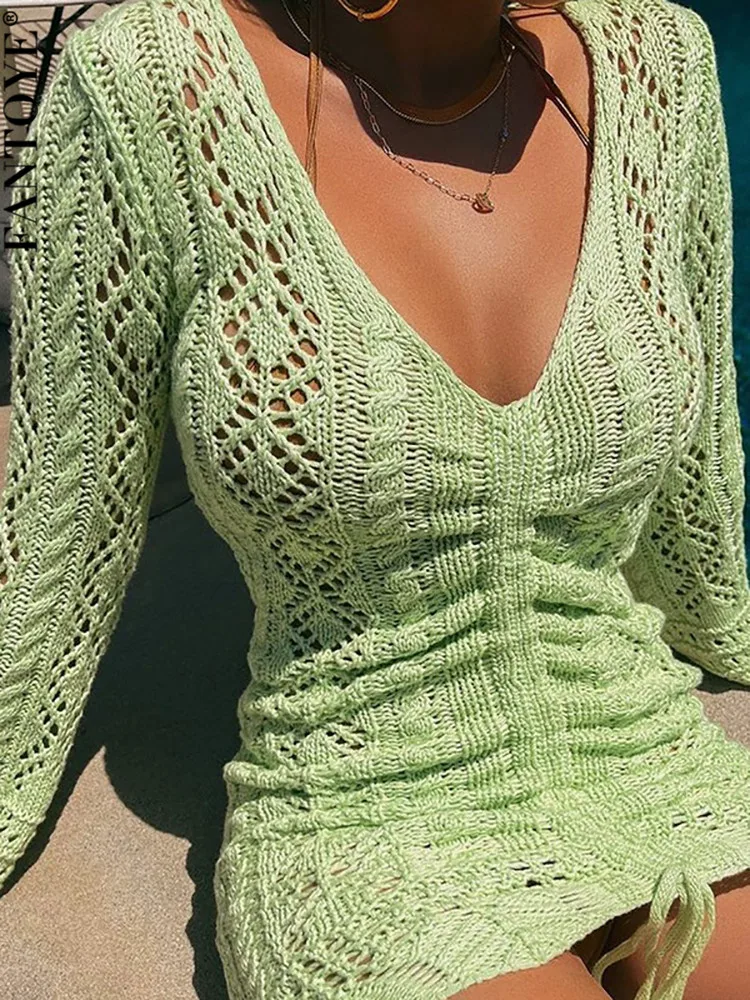 

Fantoye Knitted Sexy Deep V-neck Drawstring Women Dress Green Long Sleeve Solid Mini Dress Women Spring Loose Fashion Streetwear