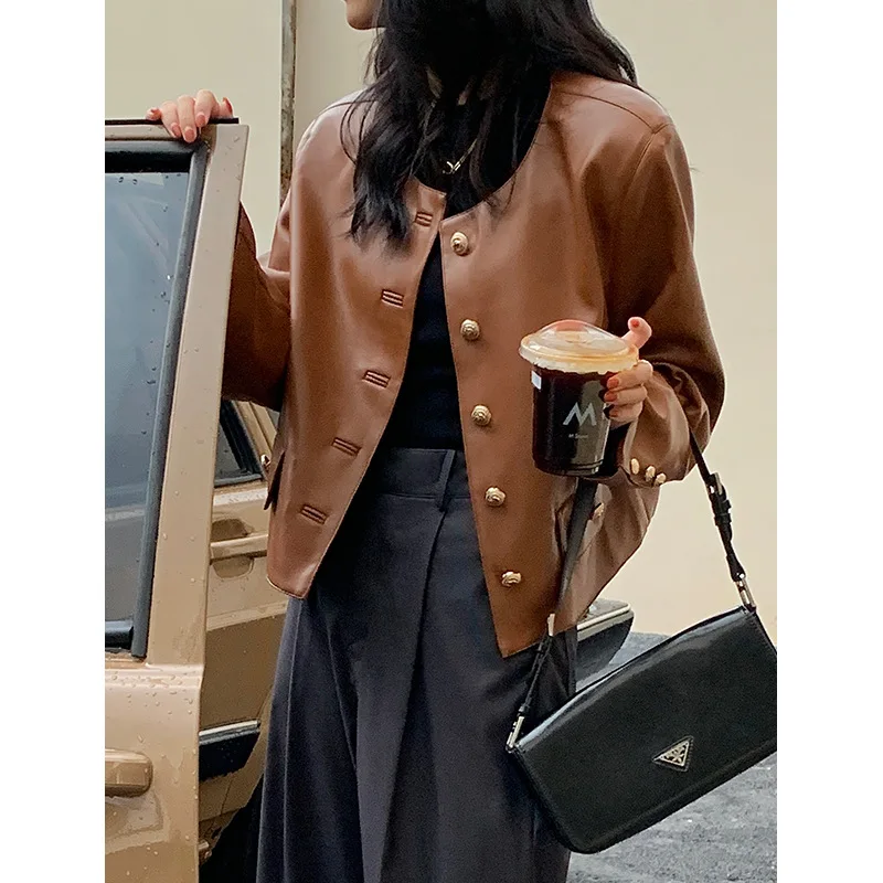 Leather Jacket Short Coat Women's Autumn Coat New Coffee Color Round Collar Button Profile Loose Casual Pu Leather Jacket