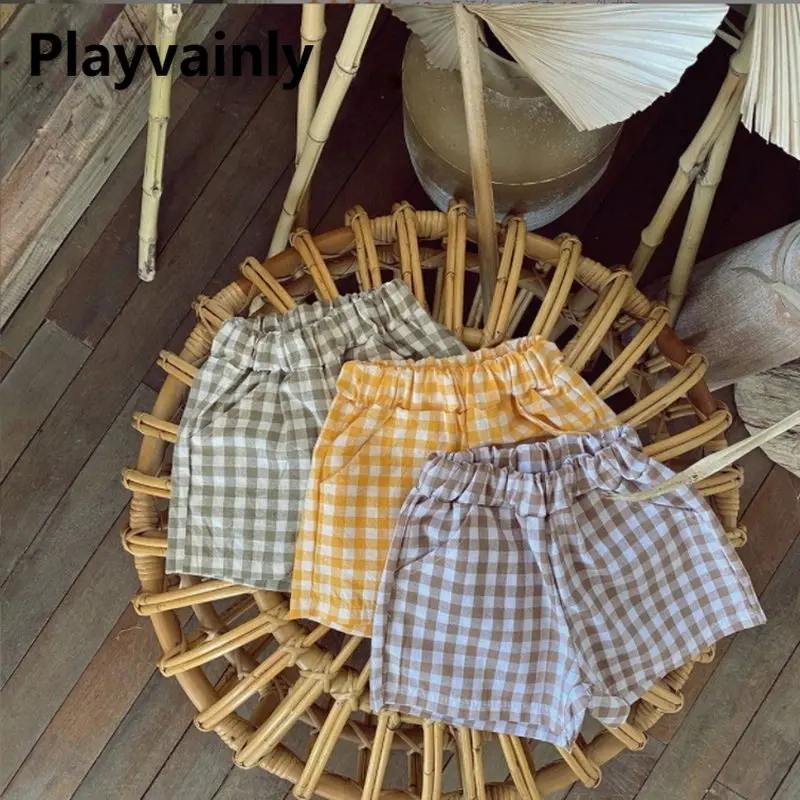 

New Summer Kid Boy Girl Shorts Cotton Yellow Green Coffee Plaid Shorts Leisure Elastic Waist Shorts Children Clothing E22053