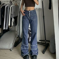 weiyao button up high waist casual flared jeans women contrast ripped stripe chic denim trousers korean pockets cargo pants 2022