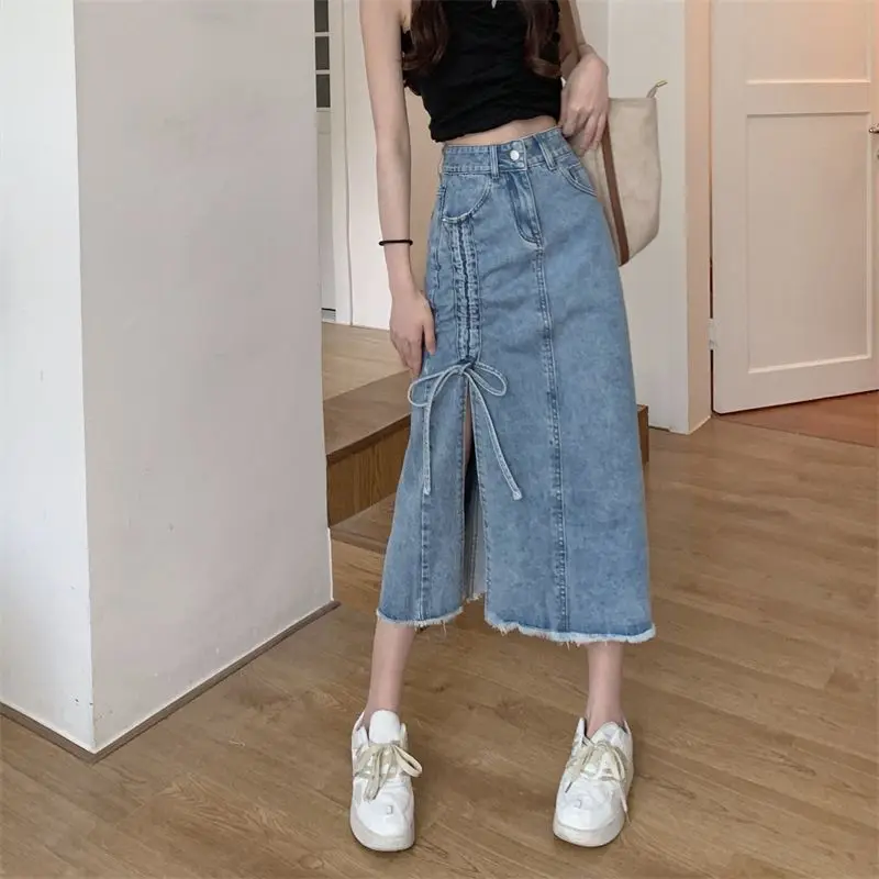 Denim skirt Women's summer irregular high-waisted split mid-length  design people's A-line skirt trend  harajuku women