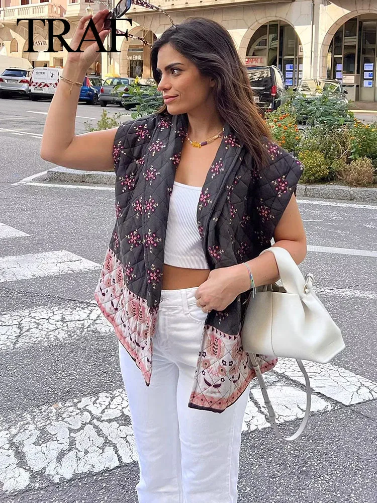 

Женский стеганый жилет без рукавов, с цветочным принтом