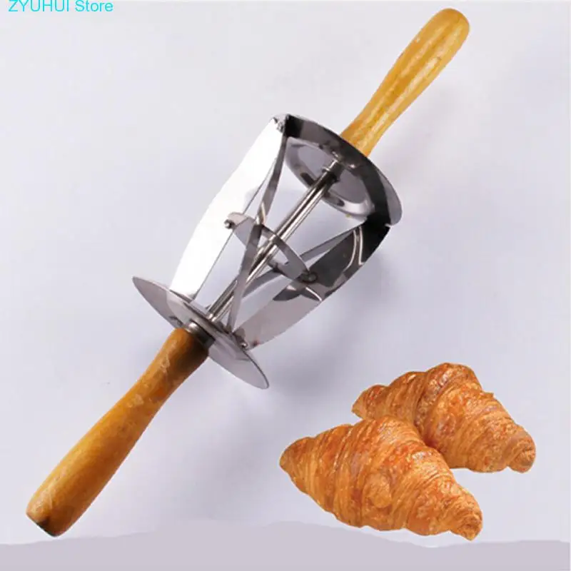 

Stainless Steel Rolling Dough Cutter for Making Croissant With Wooden Handle Rolling Knife For Croissant Bread