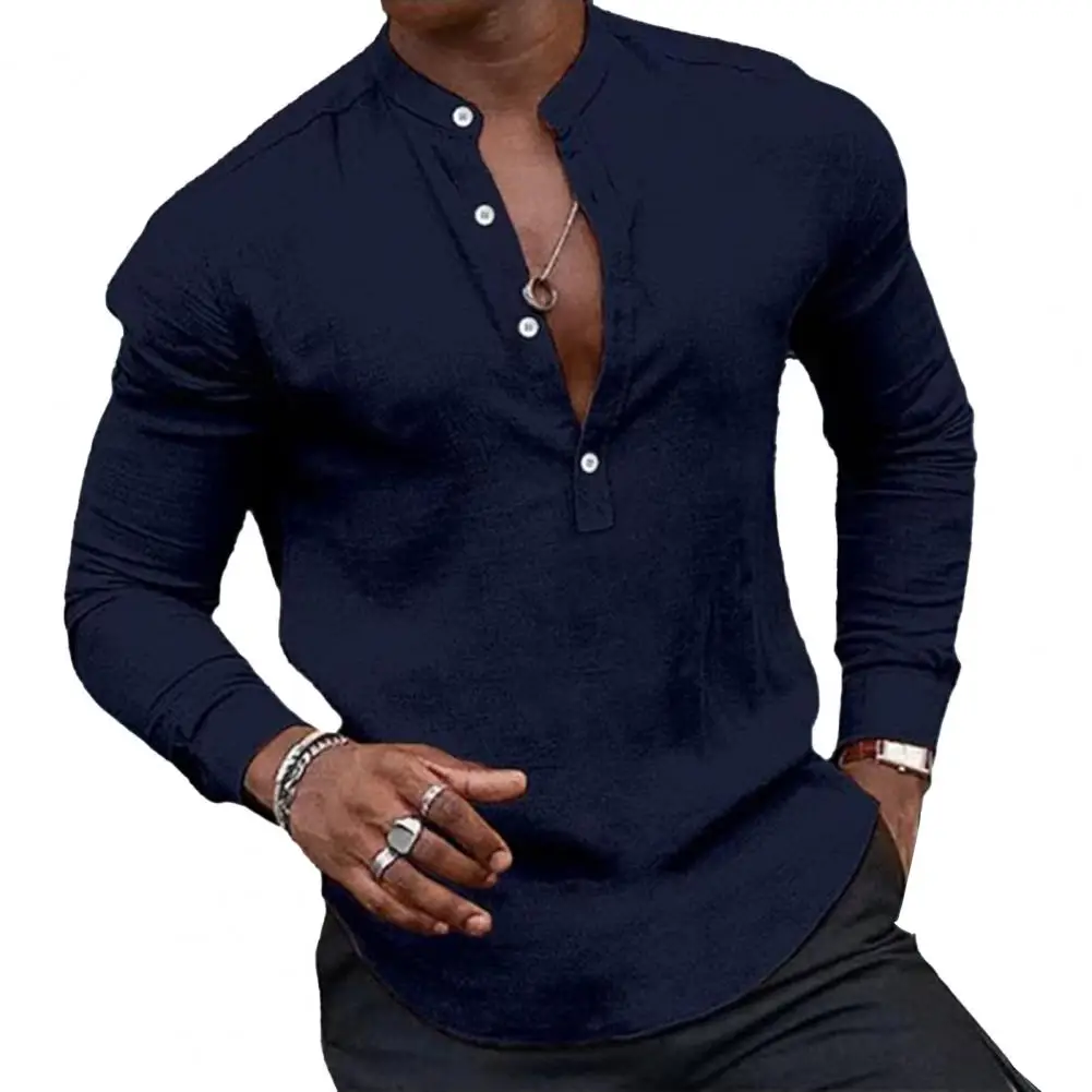 

Men Fall Shirt Slim Fit Henry Neck Long Sleeve Pullover Breathable Stylish Men's Business Shirt Men Solid Color Shirt