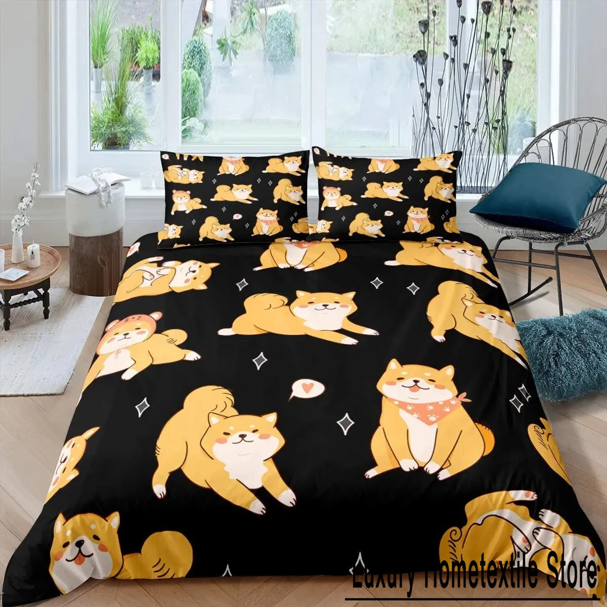 Shiba Inu Duvet Cover Cute Bedding Set Dog Loves Microfiber Cartoon Animal Pattern Queen King Quilt