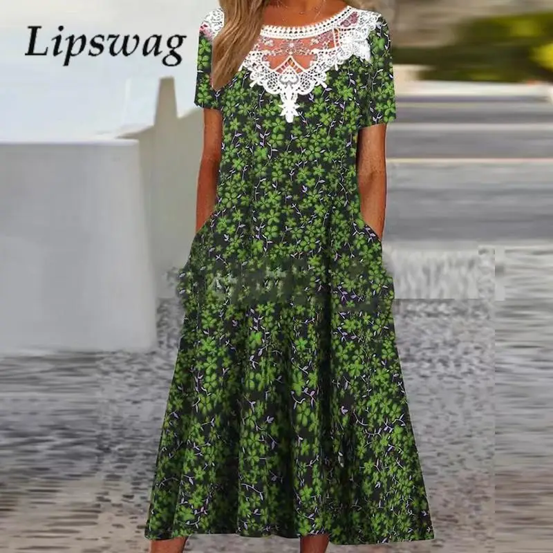 

Женское кружевное платье-трапеция с коротким рукавом и карманами