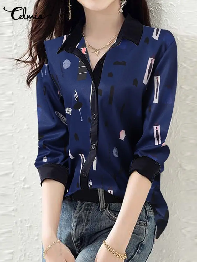 

Celmia Женские винтажные рубашки с принтом 2022, модные летние женские рубашки с рукавом 3/4, повседневные офисные блузки контрастных цветов с лац...
