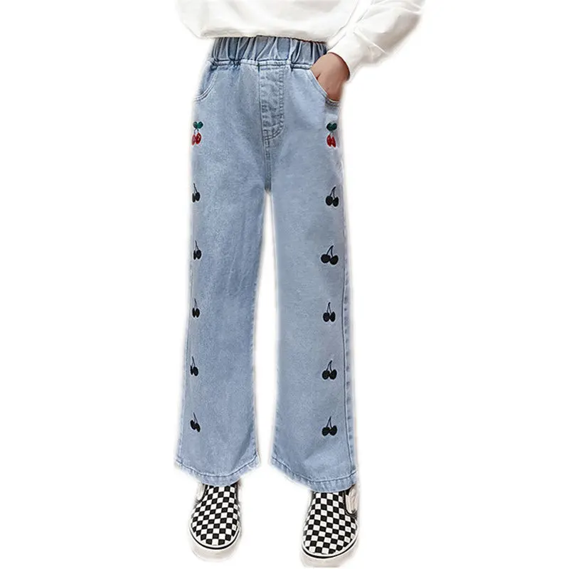 Young Girls Wide Leg Pants with Cherry Pattern 2022 Spring New Fashion Hot Deals Children's Elastic Waist Korean Denim Trousers  - buy with discount