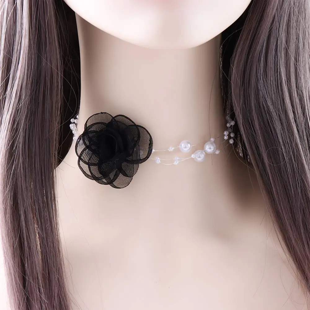 

Korean Yarn Flower Choker Pearl Beaded Clavicle Necklace Cute Romantic Collar Necklace for Women Girls Wedding Party Jewelry