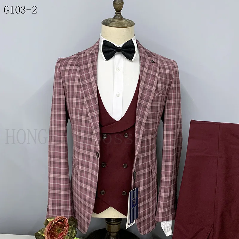 3 Pcs Suit Set Blazers Coat Vest Pants / Fashion Men Casual Business Plaid Big Lapel Groom Wedding Formal Dress Jacket Trousers | Мужская