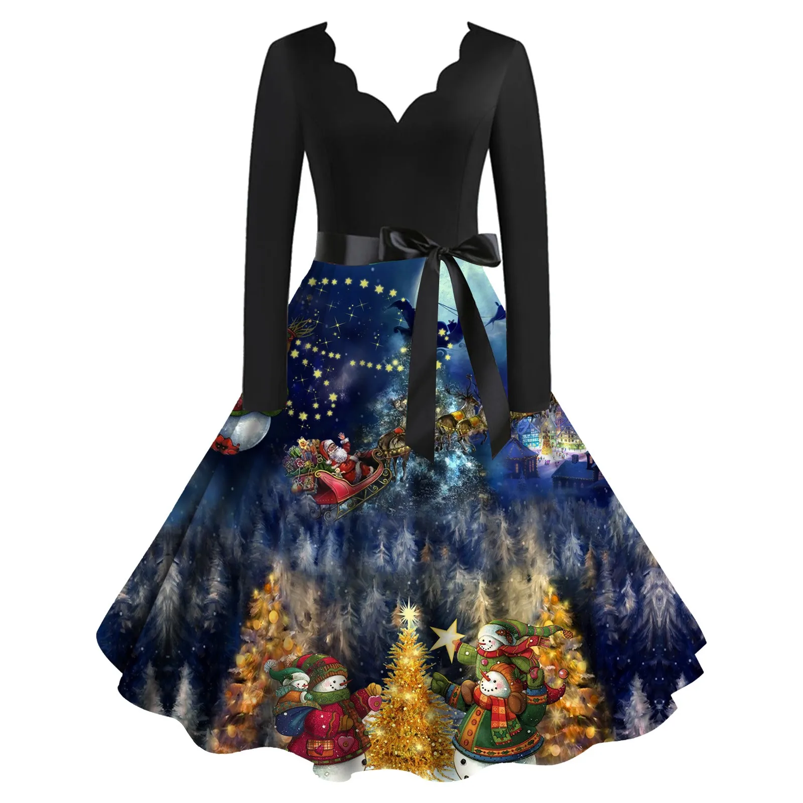 

2023 Christmas Women's Dress Classic Long Sleeve V Neck Dress With Belt Swing Cocktail Party Dresses Elegant Vintage Robe