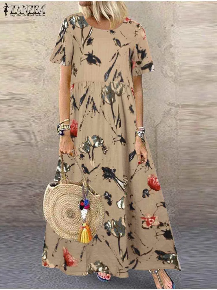 

2023 ZANZEA Summer Dress Vintage Women Casual Long Sundress Robes Femme Bohemian Short Sleeve Floral Print Beach Vestido Kaftan