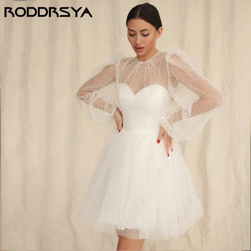 Элегантное Свадебное платье RODDRSYA с круглым вырезом и длинным рукавом для женщин, великолепное Тюлевое Свадебное платье, блестящее короткое платье с иллюзией на спине  круглым вырезом и длинным рукавом для женщин, в (art.: 3920c3d296c17) - 3920c3d296c17