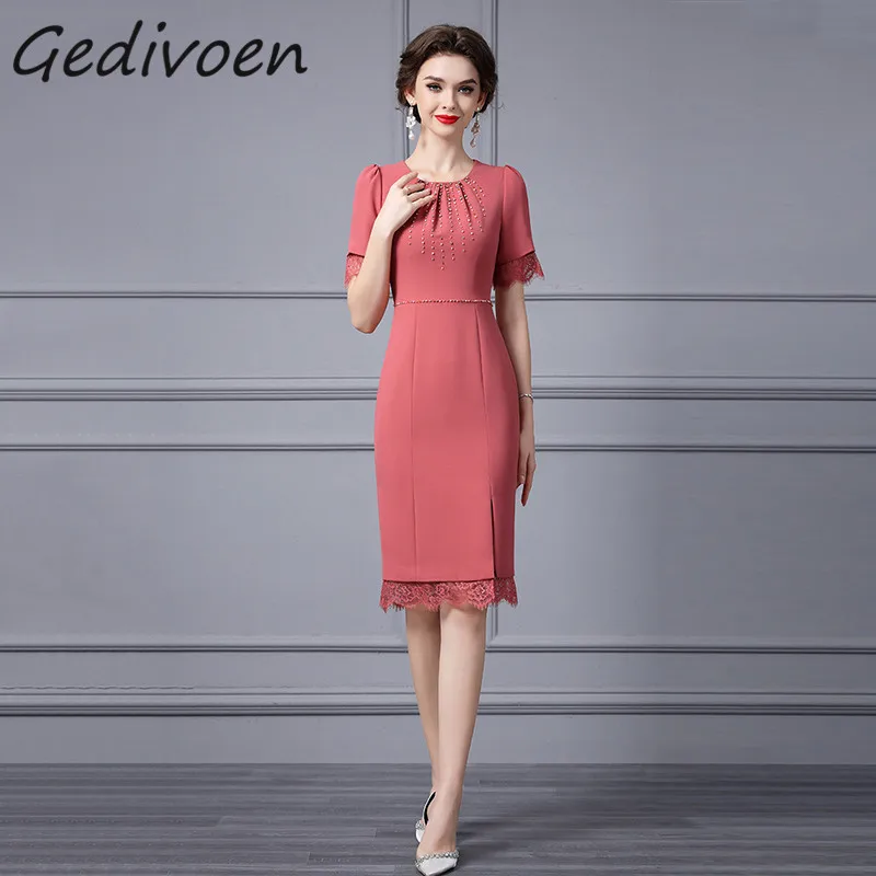 Gedivoen Summer Fashion Runway Vintage Package Buttock Dress Women's O-Neck Ruched Nail Bead Lace Spliced Slit Party Midi Dress